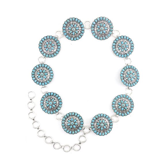 Turquoise Natural Stone Antique Metal Squash Blossom Boho Westen Style L… - Picture 2 of 2